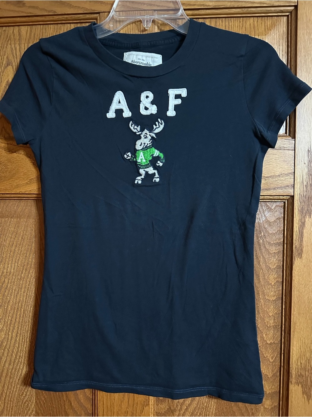 Abercrombie & Fitch Navy Tee with Embroidered Moose and A&F Letters
